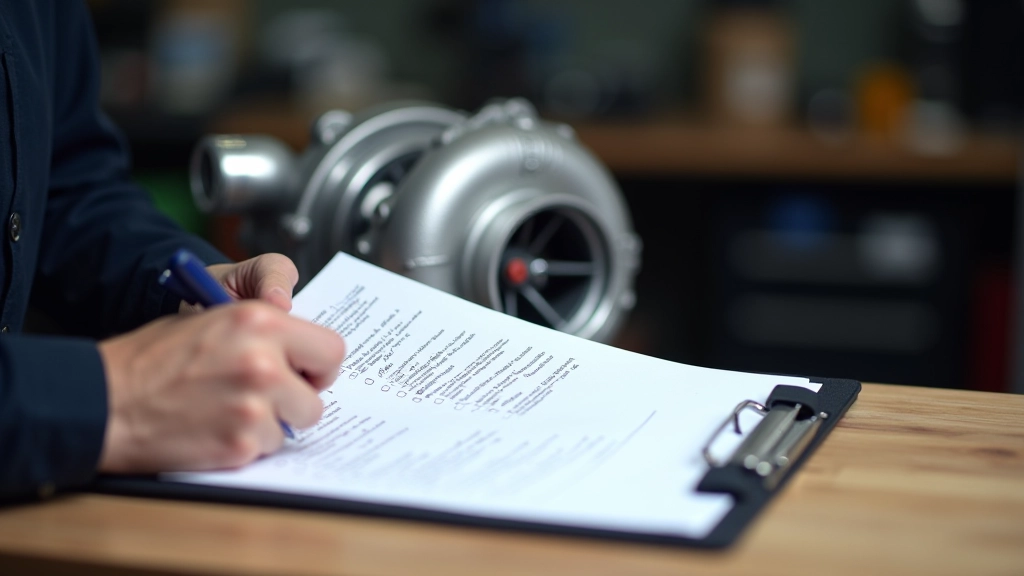 Preventive maintenance checklist written on clipboard next to turbocharger in service area