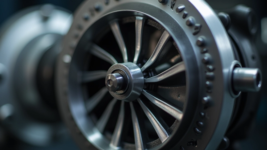Close-up of compressor wheel showing curved aluminum blades and hub assembly