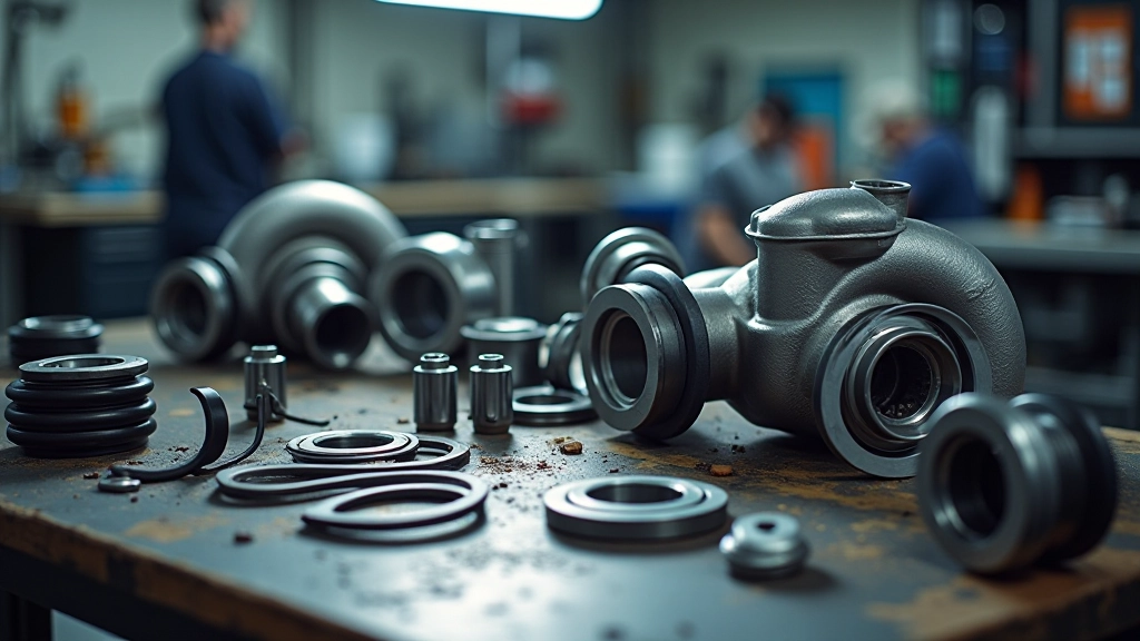 Workbench with turbocharger parts laid out in organized sequence showing rebuild process steps