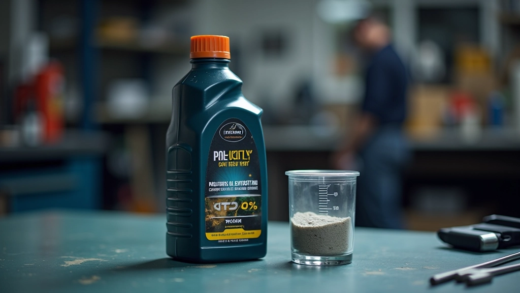 Fresh synthetic oil being poured into engine oil canister during routine maintenance