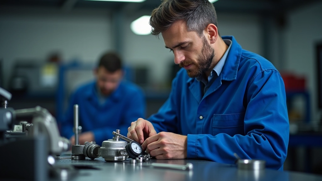 Technician examining turbocharger cartridge components with precision tools and measurement gauges