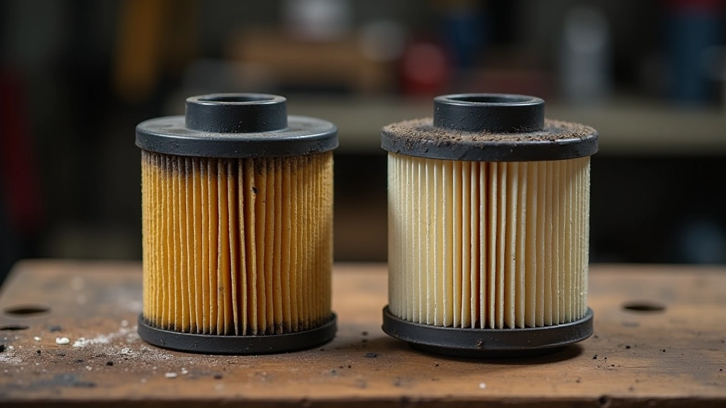 Dirty engine air filter compared to clean replacement filter showing restriction level